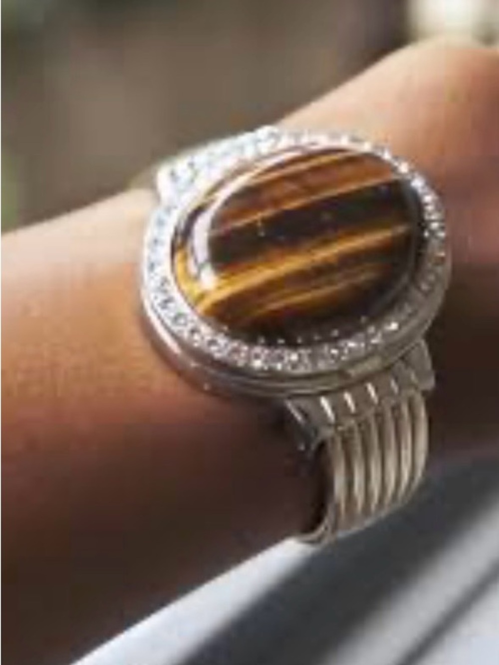 Genoa Tiger's Eye Cabochon Silver Ring with Halo